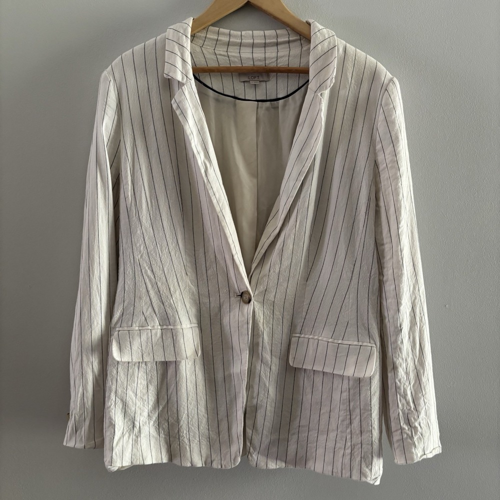 Coastal Chic LOFT Women Size 14 Blue White Striped Linen‎ Blend 1 Button Blazer
